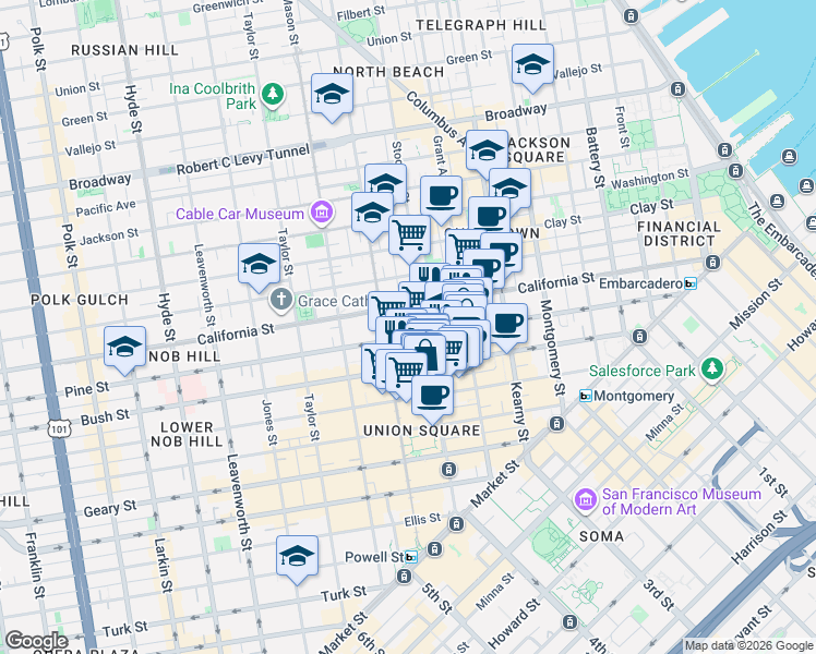 map of restaurants, bars, coffee shops, grocery stores, and more near 20 Joice Street in San Francisco