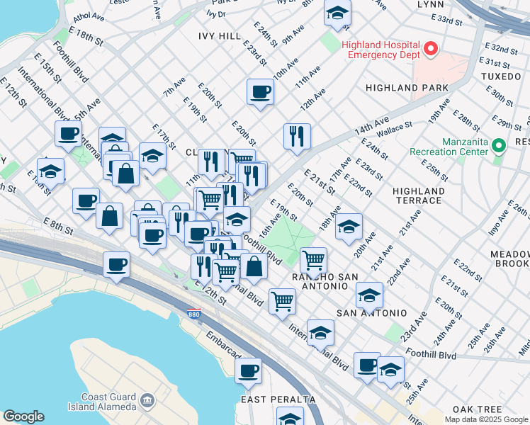 map of restaurants, bars, coffee shops, grocery stores, and more near 1519 Commerce Way in Oakland