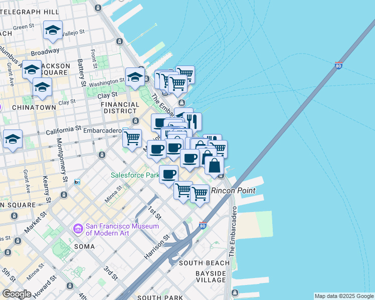map of restaurants, bars, coffee shops, grocery stores, and more near 1 Steuart Street in San Francisco