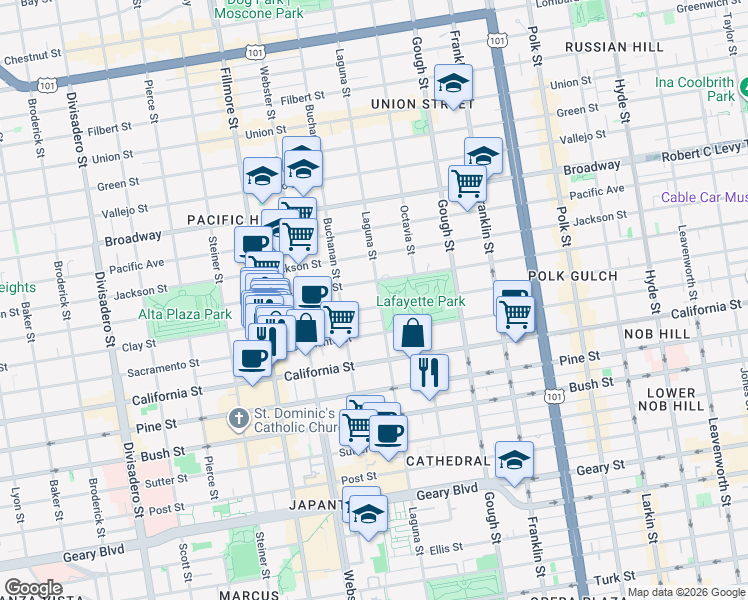 map of restaurants, bars, coffee shops, grocery stores, and more near 2209 Clay Street in San Francisco
