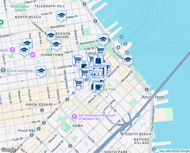 map of restaurants, bars, coffee shops, grocery stores, and more near 333 Market Street in San Francisco