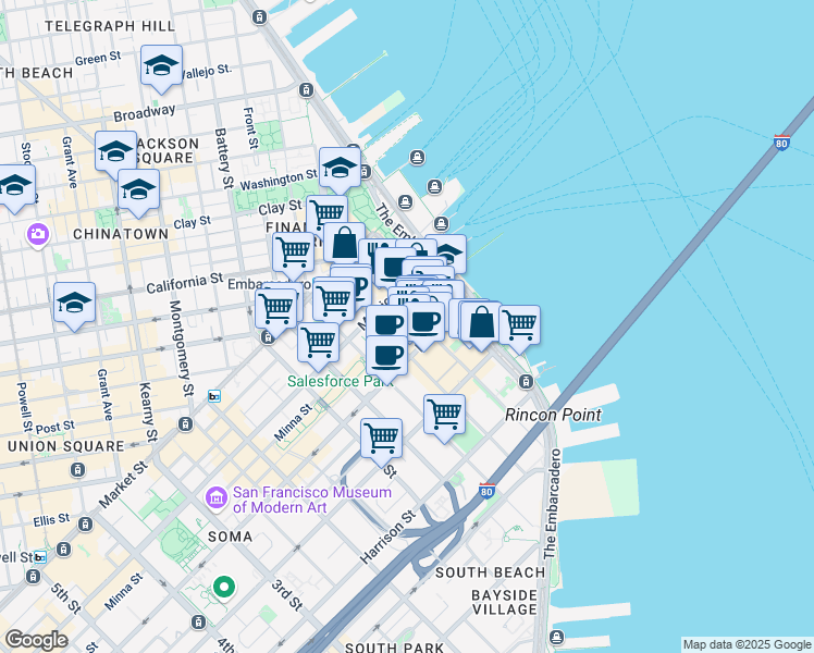 map of restaurants, bars, coffee shops, grocery stores, and more near 160 Spear Street in San Francisco