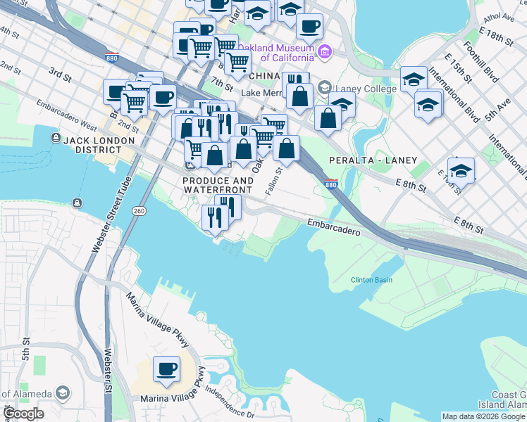 map of restaurants, bars, coffee shops, grocery stores, and more near 105 Embarcadero West in Oakland