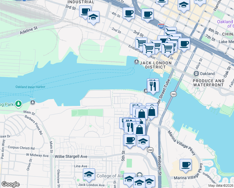 map of restaurants, bars, coffee shops, grocery stores, and more near 456 Sentinel Drive in Alameda