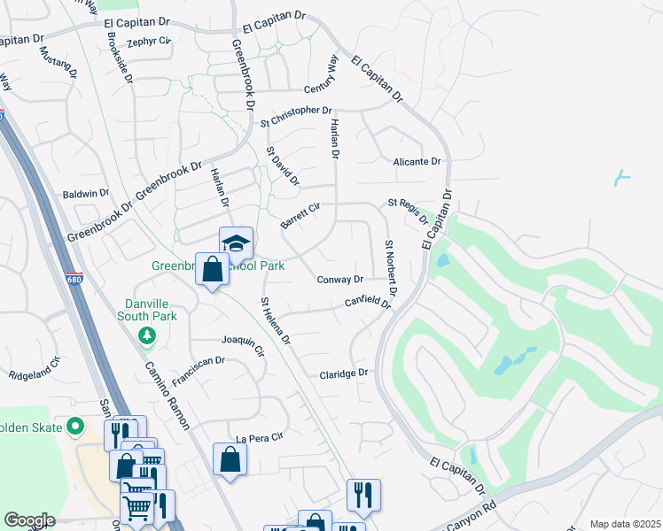 map of restaurants, bars, coffee shops, grocery stores, and more near 201 Mont Blanc Court in Danville