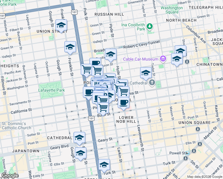 map of restaurants, bars, coffee shops, grocery stores, and more near 1574 California Street in San Francisco