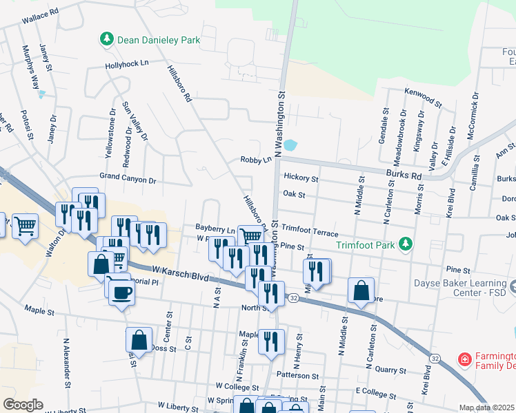 map of restaurants, bars, coffee shops, grocery stores, and more near 209 Hillsboro Road in Farmington