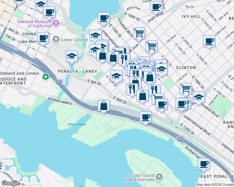 map of restaurants, bars, coffee shops, grocery stores, and more near 800 East 8th Street in Oakland