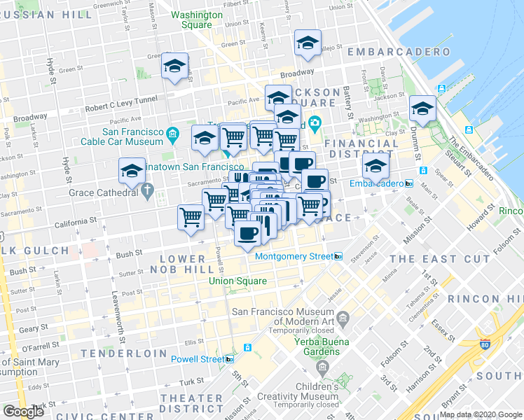map of restaurants, bars, coffee shops, grocery stores, and more near 433 Grant Avenue in San Francisco