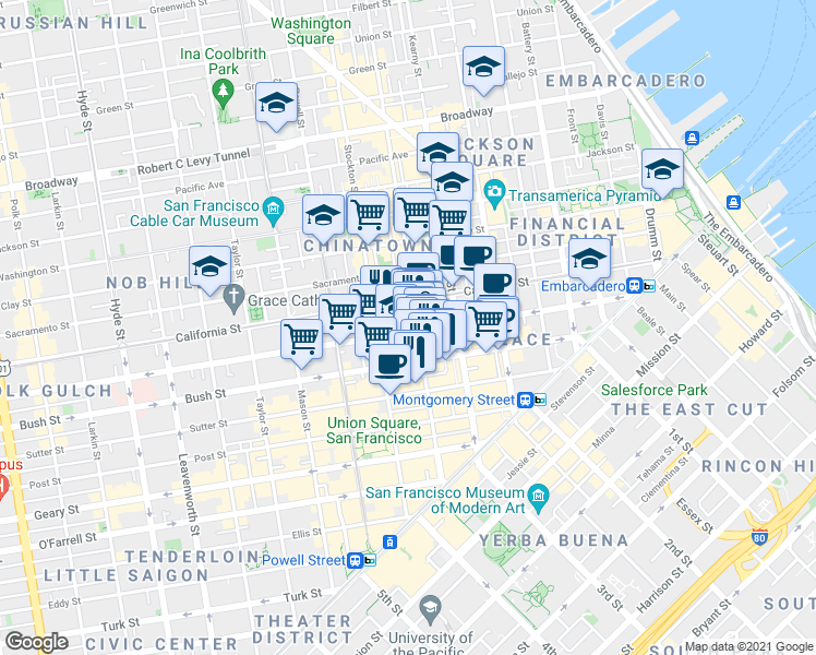 map of restaurants, bars, coffee shops, grocery stores, and more near 433 Grant Avenue in San Francisco