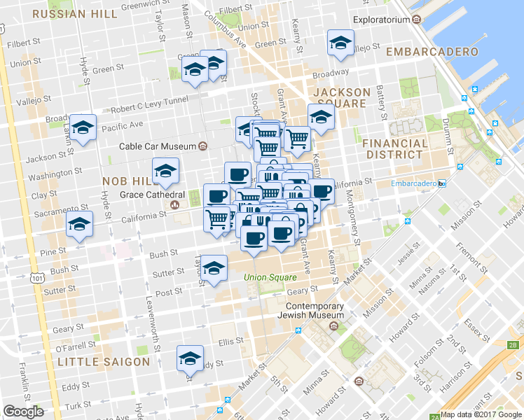 map of restaurants, bars, coffee shops, grocery stores, and more near 701 Pine Street in San Francisco