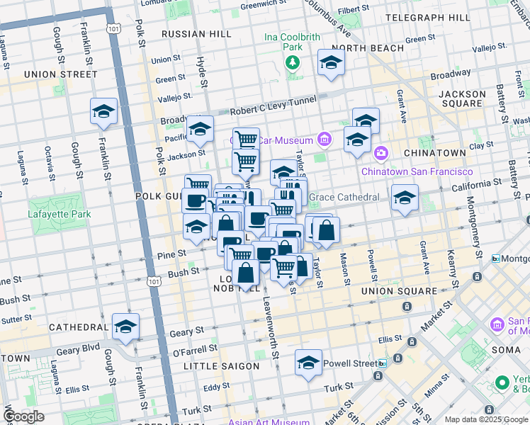 map of restaurants, bars, coffee shops, grocery stores, and more near 1255 California Street in San Francisco