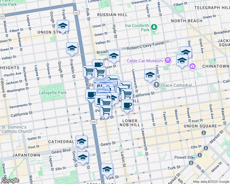 map of restaurants, bars, coffee shops, grocery stores, and more near 1574 California Street in San Francisco
