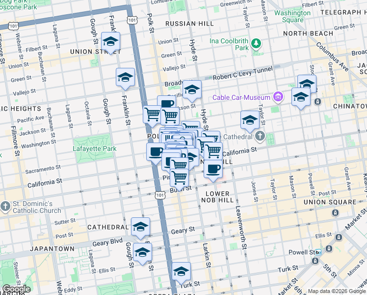 map of restaurants, bars, coffee shops, grocery stores, and more near 1574 California Street in San Francisco