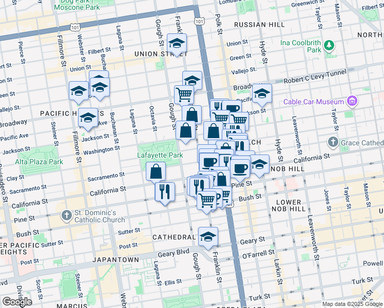 map of restaurants, bars, coffee shops, grocery stores, and more near 1900 Gough Street in San Francisco