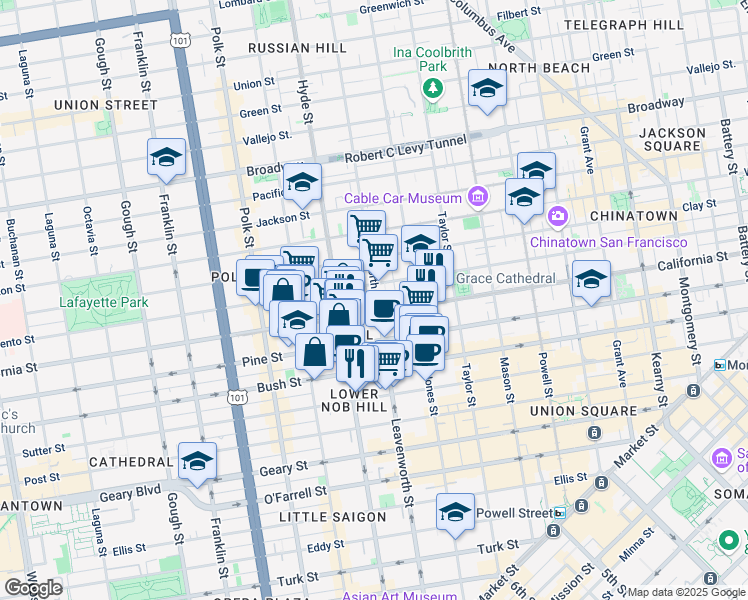 map of restaurants, bars, coffee shops, grocery stores, and more near 1119 Leavenworth Street in San Francisco