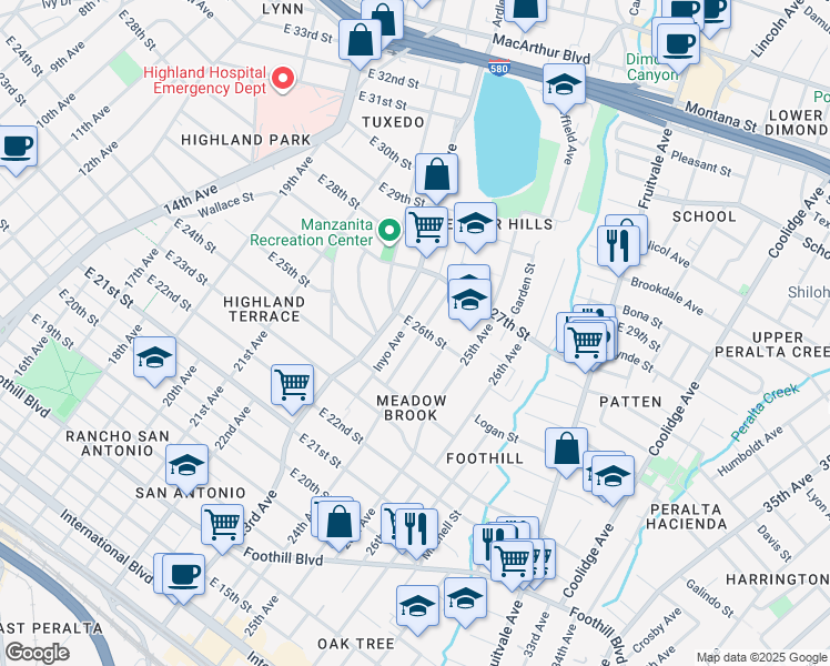map of restaurants, bars, coffee shops, grocery stores, and more near 2539 Grande Vista Avenue in Oakland