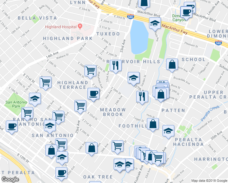 map of restaurants, bars, coffee shops, grocery stores, and more near 2539 Grande Vista Avenue in Oakland