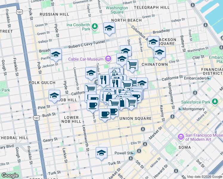 map of restaurants, bars, coffee shops, grocery stores, and more near 817 Mason Street in San Francisco