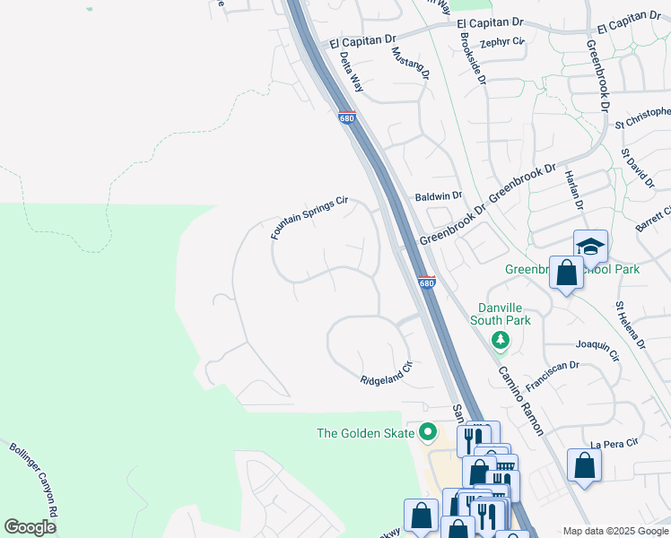 map of restaurants, bars, coffee shops, grocery stores, and more near Fountain Springs Circle in Danville