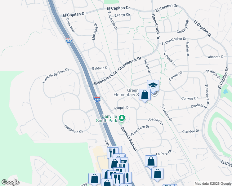 map of restaurants, bars, coffee shops, grocery stores, and more near 182 Lawnview Circle in Danville