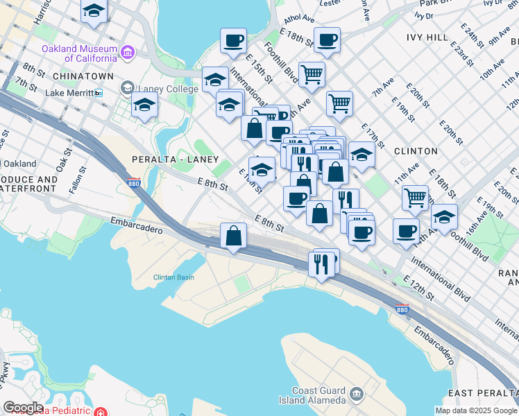 map of restaurants, bars, coffee shops, grocery stores, and more near 821 Park Way in Oakland