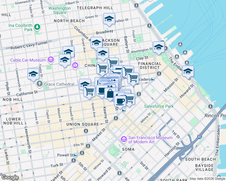 map of restaurants, bars, coffee shops, grocery stores, and more near 235 Montgomery Street in San Francisco