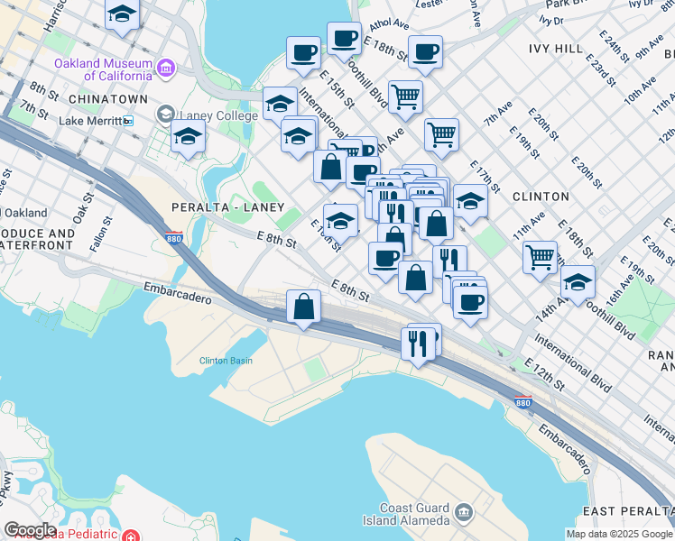 map of restaurants, bars, coffee shops, grocery stores, and more near 821 Park Way in Oakland