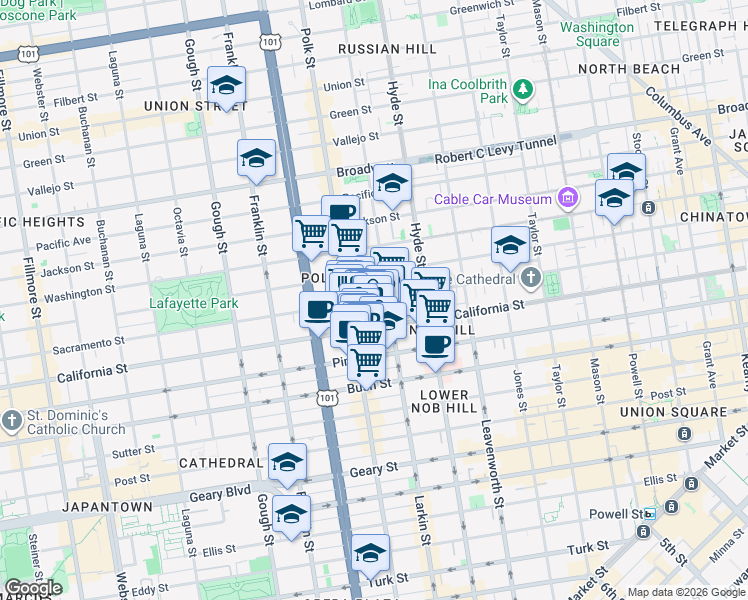 map of restaurants, bars, coffee shops, grocery stores, and more near in San Francisco