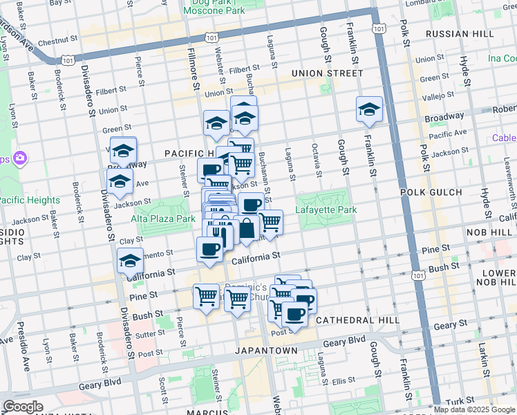 map of restaurants, bars, coffee shops, grocery stores, and more near 2333 Buchanan Street in San Francisco
