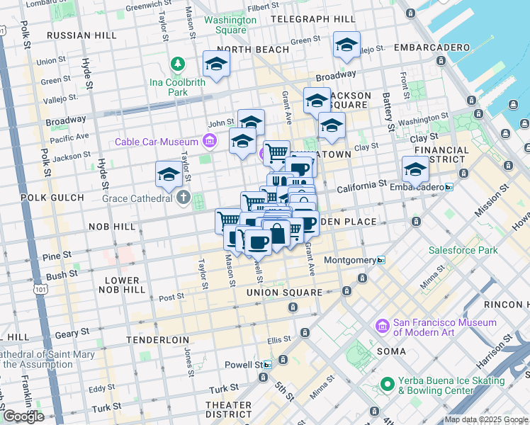 map of restaurants, bars, coffee shops, grocery stores, and more near 34 Joice Street in San Francisco