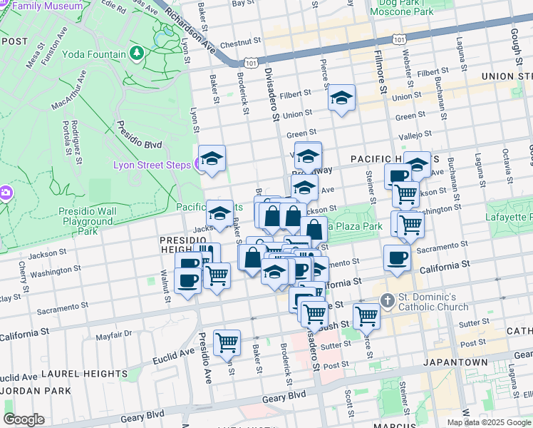 map of restaurants, bars, coffee shops, grocery stores, and more near 2970 Washington Street in San Francisco