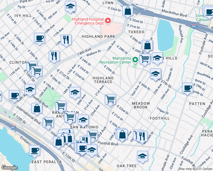map of restaurants, bars, coffee shops, grocery stores, and more near 2108 East 23rd Street in Oakland