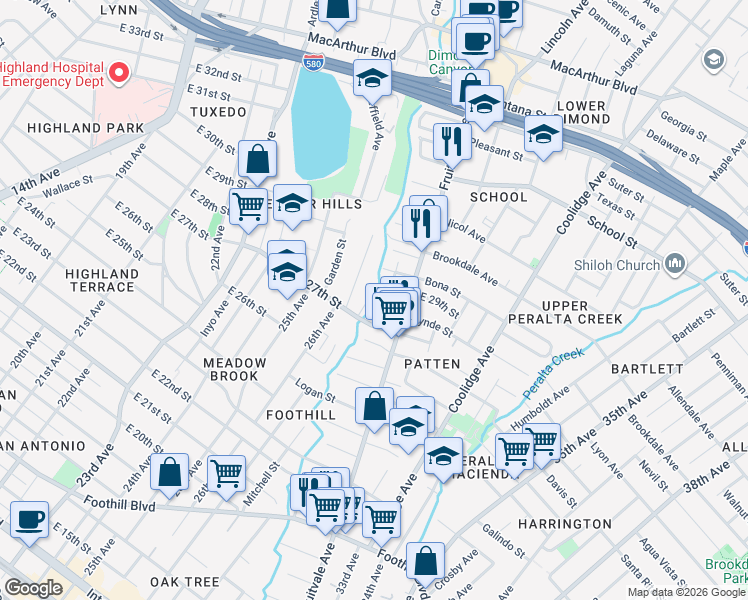 map of restaurants, bars, coffee shops, grocery stores, and more near 2734 Barry Place in Oakland