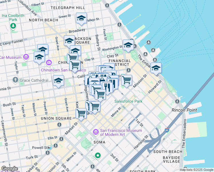 map of restaurants, bars, coffee shops, grocery stores, and more near 1 Bush Street in San Francisco