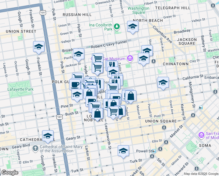 map of restaurants, bars, coffee shops, grocery stores, and more near 1200 California Street in San Francisco