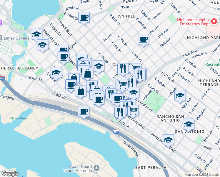 map of restaurants, bars, coffee shops, grocery stores, and more near 1138 East 15th Street in Oakland