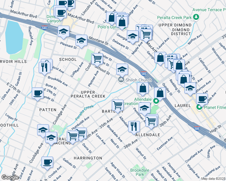 map of restaurants, bars, coffee shops, grocery stores, and more near 2737 Humboldt Avenue in Oakland