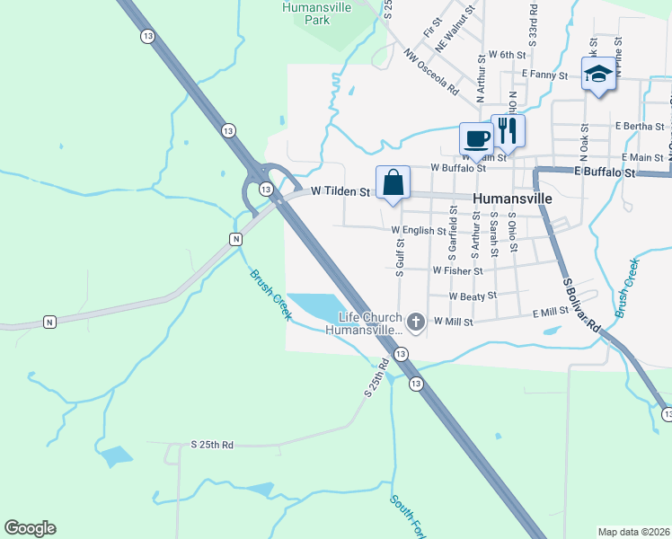 map of restaurants, bars, coffee shops, grocery stores, and more near Missouri 13 in Humansville