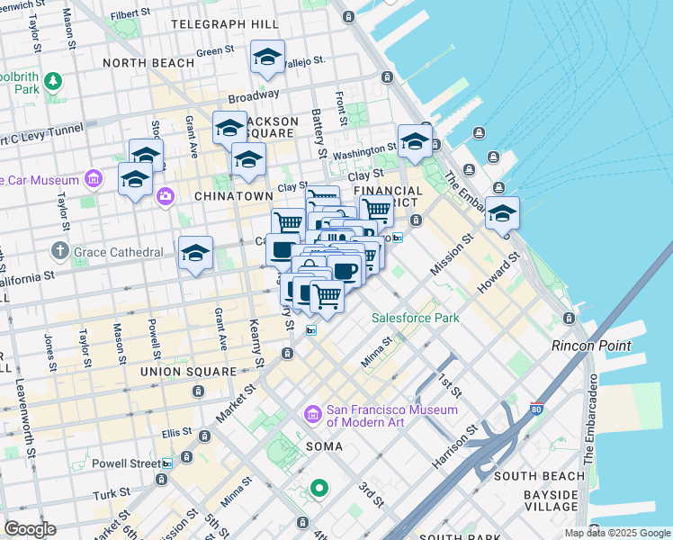map of restaurants, bars, coffee shops, grocery stores, and more near 222 Market Street in San Francisco