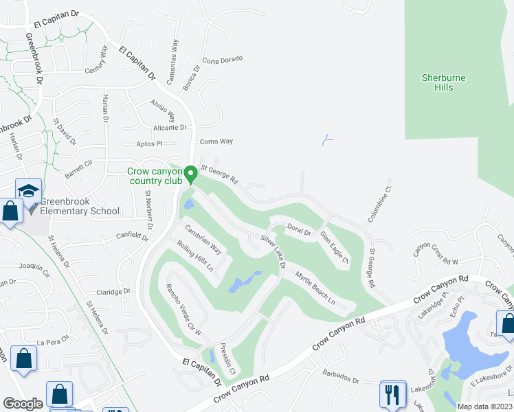 map of restaurants, bars, coffee shops, grocery stores, and more near 593 Saint George Road in Danville