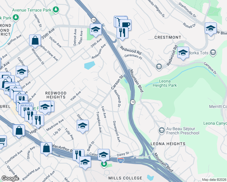 map of restaurants, bars, coffee shops, grocery stores, and more near 4424 Davenport Avenue in Oakland