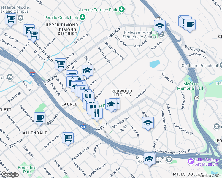 map of restaurants, bars, coffee shops, grocery stores, and more near 3833 Maybelle Avenue in Oakland