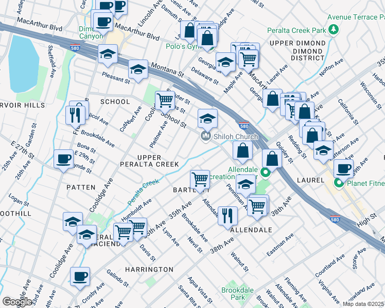 map of restaurants, bars, coffee shops, grocery stores, and more near 2737 Humboldt Avenue in Oakland