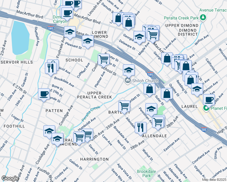 map of restaurants, bars, coffee shops, grocery stores, and more near 2737 Humboldt Avenue in Oakland