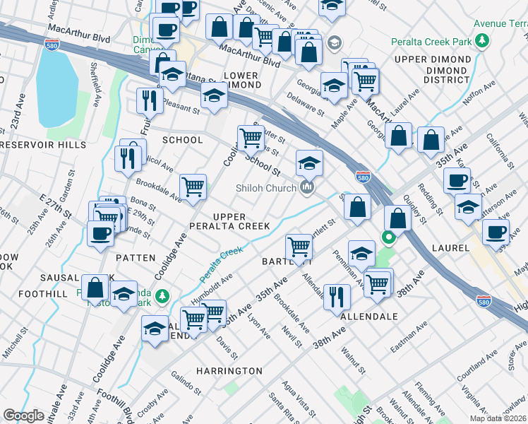 map of restaurants, bars, coffee shops, grocery stores, and more near 3301 Nicol Avenue in Oakland
