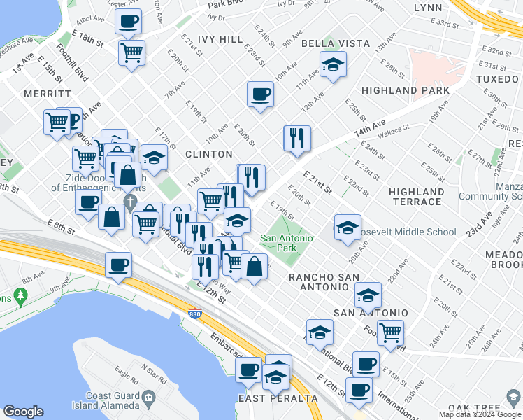 map of restaurants, bars, coffee shops, grocery stores, and more near 1646 15th Avenue in Oakland