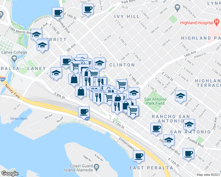 map of restaurants, bars, coffee shops, grocery stores, and more near 1207 East 15th Street in Oakland