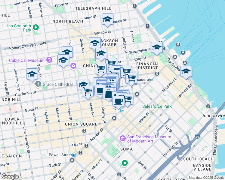 map of restaurants, bars, coffee shops, grocery stores, and more near 382 Bush Street in San Francisco