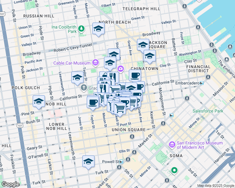 map of restaurants, bars, coffee shops, grocery stores, and more near in San Francisco